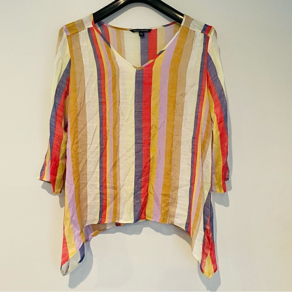Zac & Rachel Multicolored Stripe Roll Tab Sleeve Blouse Size Large